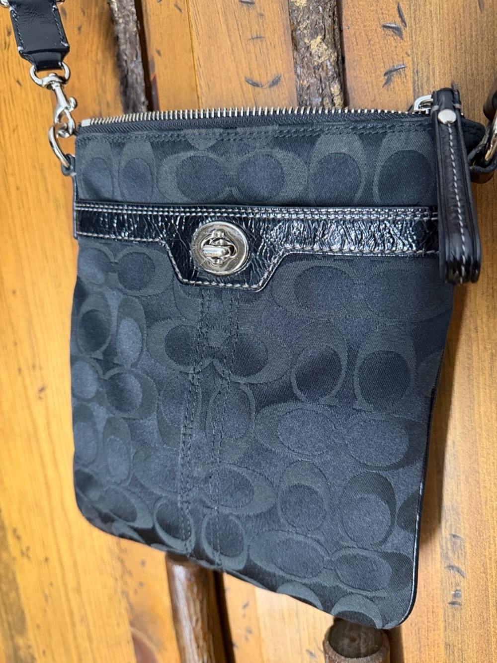 Coach Black Signature Crossbody with Patent Trim